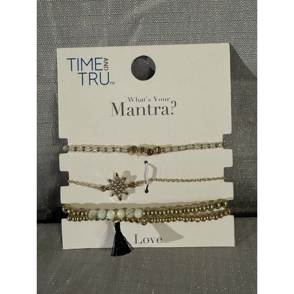 Time and Tru Goldtone Beaded Stretch Bracelets, Love Mantra, 4 Pieces